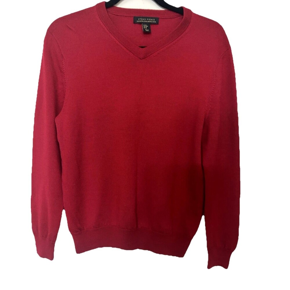 Ethan Pierce Mens Size M 100% Extra Fine Merino Wool Red V Neck Pullover Sweater